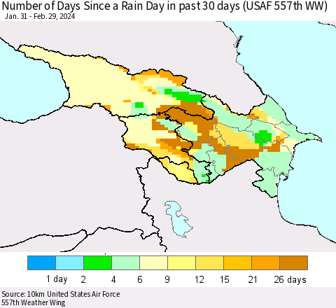 Azerbaijan, Armenia and Georgia Number of Days Since a Rain Day in past 30 days (USAF 557th WW) Thematic Map For 2/26/2024 - 2/29/2024