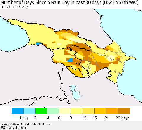 Azerbaijan, Armenia and Georgia Number of Days Since a Rain Day in past 30 days (USAF 557th WW) Thematic Map For 3/1/2024 - 3/5/2024