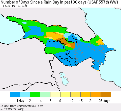 Azerbaijan, Armenia and Georgia Number of Days Since a Rain Day in past 30 days (USAF 557th WW) Thematic Map For 3/6/2024 - 3/10/2024