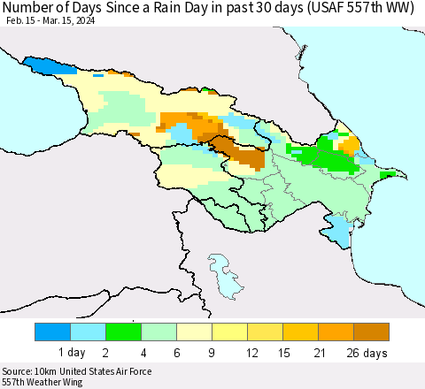 Azerbaijan, Armenia and Georgia Number of Days Since a Rain Day in past 30 days (USAF 557th WW) Thematic Map For 3/11/2024 - 3/15/2024