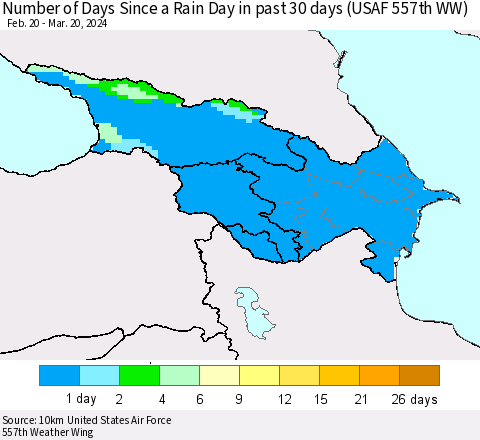 Azerbaijan, Armenia and Georgia Number of Days Since a Rain Day in past 30 days (USAF 557th WW) Thematic Map For 3/16/2024 - 3/20/2024