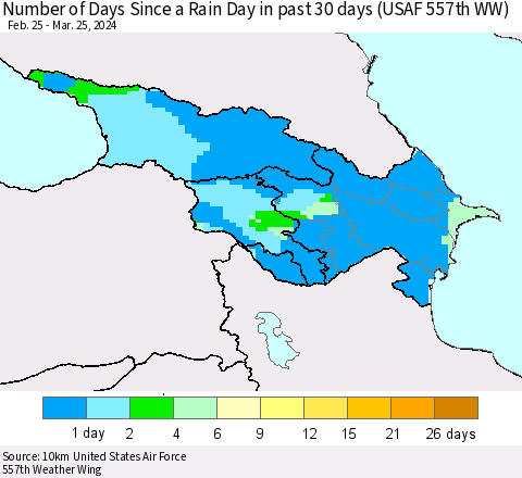 Azerbaijan, Armenia and Georgia Number of Days Since a Rain Day in past 30 days (USAF 557th WW) Thematic Map For 3/21/2024 - 3/25/2024