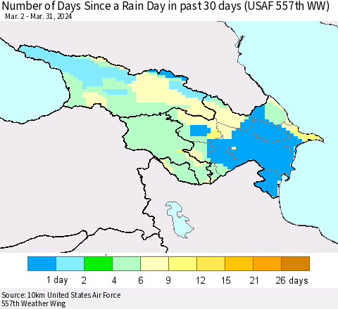 Azerbaijan, Armenia and Georgia Number of Days Since a Rain Day in past 30 days (USAF 557th WW) Thematic Map For 3/26/2024 - 3/31/2024