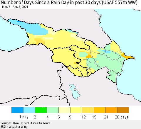 Azerbaijan, Armenia and Georgia Number of Days Since a Rain Day in past 30 days (USAF 557th WW) Thematic Map For 4/1/2024 - 4/5/2024