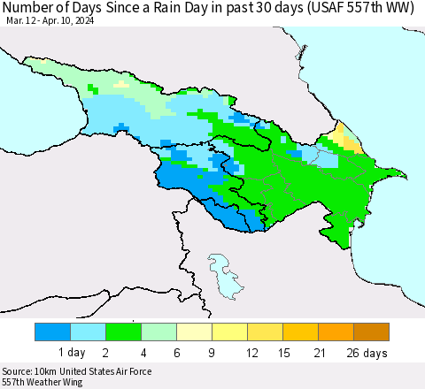 Azerbaijan, Armenia and Georgia Number of Days Since a Rain Day in past 30 days (USAF 557th WW) Thematic Map For 4/6/2024 - 4/10/2024
