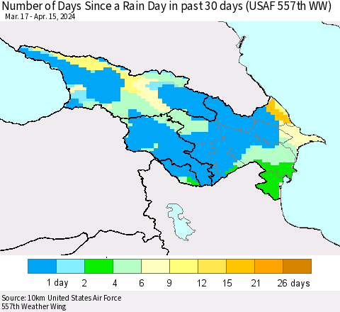 Azerbaijan, Armenia and Georgia Number of Days Since a Rain Day in past 30 days (USAF 557th WW) Thematic Map For 4/11/2024 - 4/15/2024