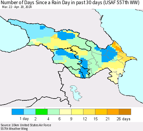 Azerbaijan, Armenia and Georgia Number of Days Since a Rain Day in past 30 days (USAF 557th WW) Thematic Map For 4/16/2024 - 4/20/2024