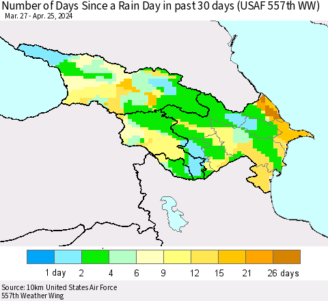 Azerbaijan, Armenia and Georgia Number of Days Since a Rain Day in past 30 days (USAF 557th WW) Thematic Map For 4/21/2024 - 4/25/2024