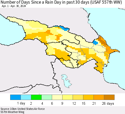 Azerbaijan, Armenia and Georgia Number of Days Since a Rain Day in past 30 days (USAF 557th WW) Thematic Map For 4/26/2024 - 4/30/2024