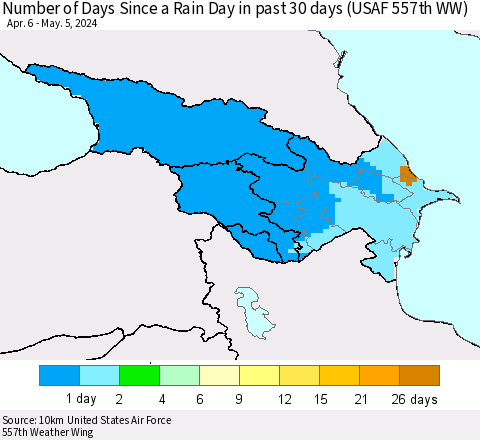 Azerbaijan, Armenia and Georgia Number of Days Since a Rain Day in past 30 days (USAF 557th WW) Thematic Map For 5/1/2024 - 5/5/2024