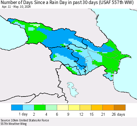 Azerbaijan, Armenia and Georgia Number of Days Since a Rain Day in past 30 days (USAF 557th WW) Thematic Map For 5/6/2024 - 5/10/2024