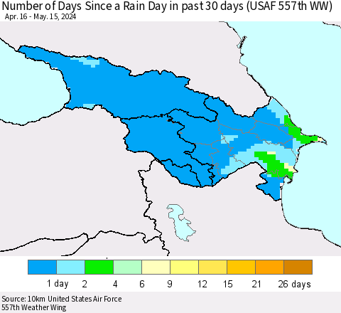 Azerbaijan, Armenia and Georgia Number of Days Since a Rain Day in past 30 days (USAF 557th WW) Thematic Map For 5/11/2024 - 5/15/2024