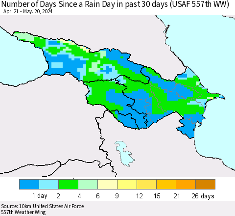 Azerbaijan, Armenia and Georgia Number of Days Since a Rain Day in past 30 days (USAF 557th WW) Thematic Map For 5/16/2024 - 5/20/2024
