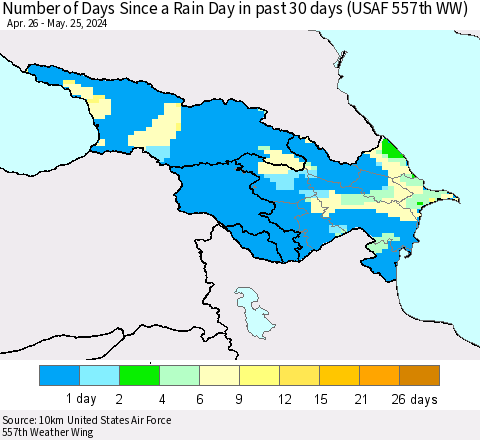Azerbaijan, Armenia and Georgia Number of Days Since a Rain Day in past 30 days (USAF 557th WW) Thematic Map For 5/21/2024 - 5/25/2024