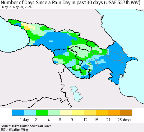 Azerbaijan, Armenia and Georgia Number of Days Since a Rain Day in past 30 days (USAF 557th WW) Thematic Map For 5/26/2024 - 5/31/2024
