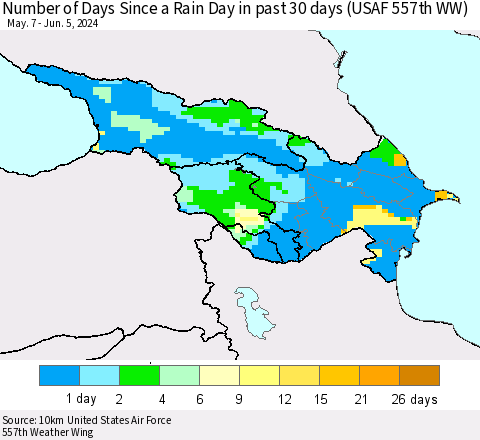 Azerbaijan, Armenia and Georgia Number of Days Since a Rain Day in past 30 days (USAF 557th WW) Thematic Map For 6/1/2024 - 6/5/2024