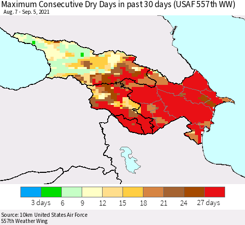 Azerbaijan, Armenia and Georgia Maximum Consecutive Dry Days in past 30 days (USAF 557th WW) 09/05/2021 Thematic Map For 9/1/2021 - 9/5/2021