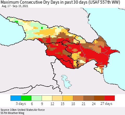 Azerbaijan, Armenia and Georgia Maximum Consecutive Dry Days in past 30 days (USAF 557th WW) 09/15/2021 Thematic Map For 9/11/2021 - 9/15/2021