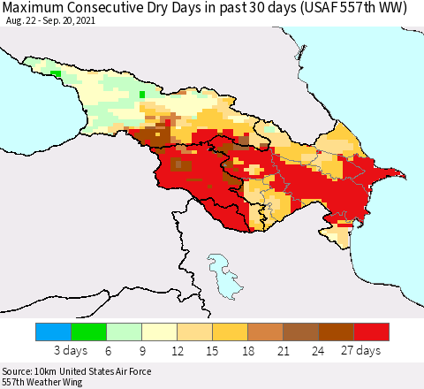Azerbaijan, Armenia and Georgia Maximum Consecutive Dry Days in past 30 days (USAF 557th WW) 09/20/2021 Thematic Map For 9/16/2021 - 9/20/2021