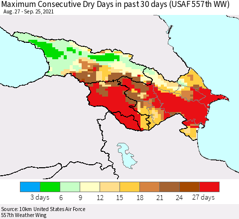 Azerbaijan, Armenia and Georgia Maximum Consecutive Dry Days in past 30 days (USAF 557th WW) 09/25/2021 Thematic Map For 9/21/2021 - 9/25/2021