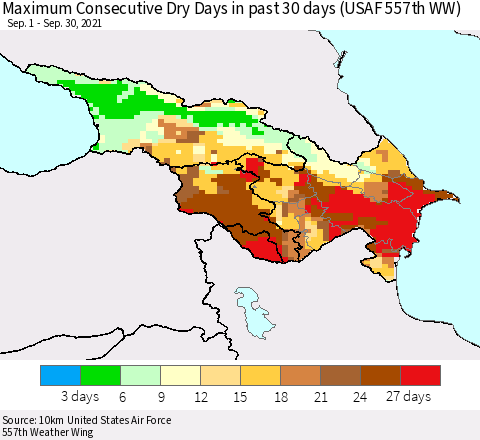 Azerbaijan, Armenia and Georgia Maximum Consecutive Dry Days in past 30 days (USAF 557th WW) 09/30/2021 Thematic Map For 9/26/2021 - 9/30/2021