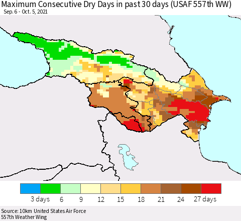 Azerbaijan, Armenia and Georgia Maximum Consecutive Dry Days in past 30 days (USAF 557th WW) 10/05/2021 Thematic Map For 10/1/2021 - 10/5/2021