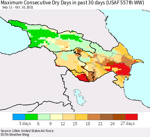 Azerbaijan, Armenia and Georgia Maximum Consecutive Dry Days in past 30 days (USAF 557th WW) 10/10/2021 Thematic Map For 10/6/2021 - 10/10/2021