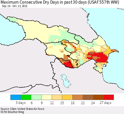 Azerbaijan, Armenia and Georgia Maximum Consecutive Dry Days in past 30 days (USAF 557th WW) 10/15/2021 Thematic Map For 10/11/2021 - 10/15/2021