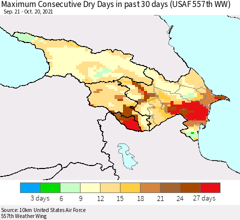 Azerbaijan, Armenia and Georgia Maximum Consecutive Dry Days in past 30 days (USAF 557th WW) 10/20/2021 Thematic Map For 10/16/2021 - 10/20/2021