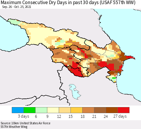 Azerbaijan, Armenia and Georgia Maximum Consecutive Dry Days in past 30 days (USAF 557th WW) 10/25/2021 Thematic Map For 10/21/2021 - 10/25/2021