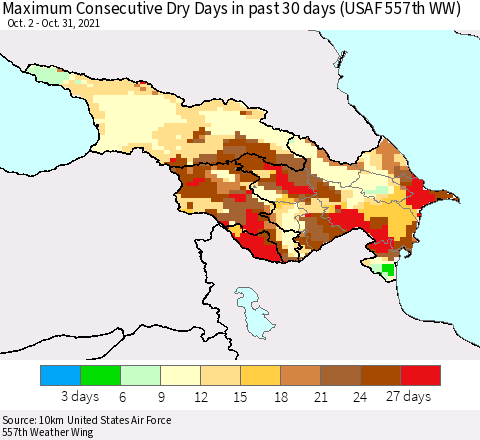 Azerbaijan, Armenia and Georgia Maximum Consecutive Dry Days in past 30 days (USAF 557th WW) 10/31/2021 Thematic Map For 10/26/2021 - 10/31/2021