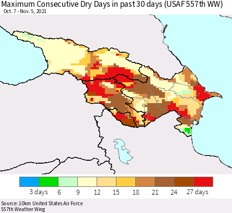 Azerbaijan, Armenia and Georgia Maximum Consecutive Dry Days in past 30 days (USAF 557th WW) 11/05/2021 Thematic Map For 11/1/2021 - 11/5/2021