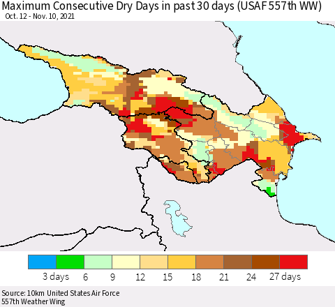 Azerbaijan, Armenia and Georgia Maximum Consecutive Dry Days in past 30 days (USAF 557th WW) 11/10/2021 Thematic Map For 11/6/2021 - 11/10/2021