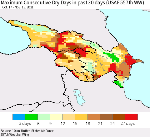 Azerbaijan, Armenia and Georgia Maximum Consecutive Dry Days in past 30 days (USAF 557th WW) 11/15/2021 Thematic Map For 11/11/2021 - 11/15/2021