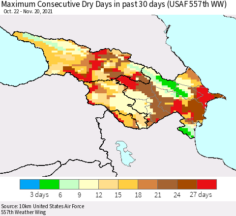 Azerbaijan, Armenia and Georgia Maximum Consecutive Dry Days in past 30 days (USAF 557th WW) 11/20/2021 Thematic Map For 11/16/2021 - 11/20/2021