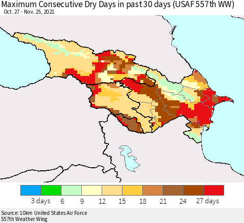 Azerbaijan, Armenia and Georgia Maximum Consecutive Dry Days in past 30 days (USAF 557th WW) 11/25/2021 Thematic Map For 11/21/2021 - 11/25/2021