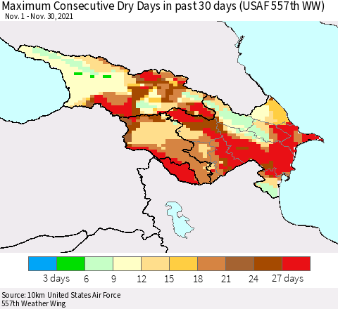 Azerbaijan, Armenia and Georgia Maximum Consecutive Dry Days in past 30 days (USAF 557th WW) 11/30/2021 Thematic Map For 11/26/2021 - 11/30/2021