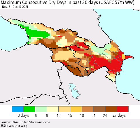 Azerbaijan, Armenia and Georgia Maximum Consecutive Dry Days in past 30 days (USAF 557th WW) 12/05/2021 Thematic Map For 12/1/2021 - 12/5/2021