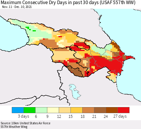 Azerbaijan, Armenia and Georgia Maximum Consecutive Dry Days in past 30 days (USAF 557th WW) 12/10/2021 Thematic Map For 12/6/2021 - 12/10/2021