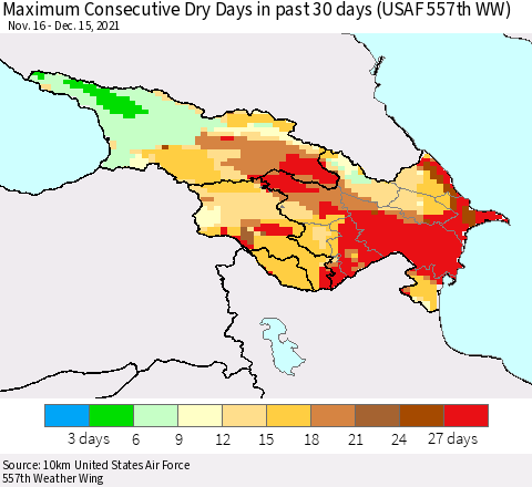 Azerbaijan, Armenia and Georgia Maximum Consecutive Dry Days in past 30 days (USAF 557th WW) 12/15/2021 Thematic Map For 12/11/2021 - 12/15/2021