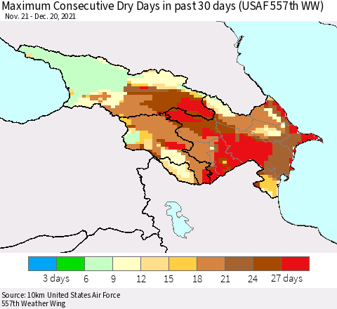 Azerbaijan, Armenia and Georgia Maximum Consecutive Dry Days in past 30 days (USAF 557th WW) 12/20/2021 Thematic Map For 12/16/2021 - 12/20/2021