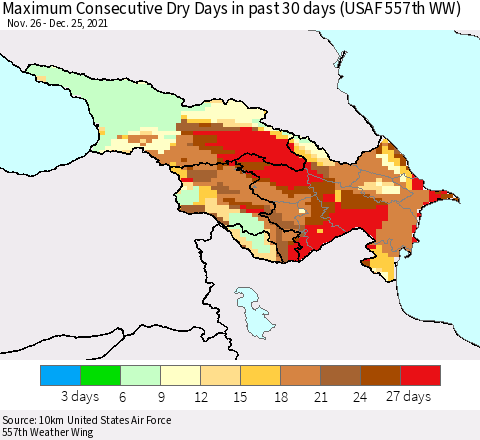 Azerbaijan, Armenia and Georgia Maximum Consecutive Dry Days in past 30 days (USAF 557th WW) 12/25/2021 Thematic Map For 12/21/2021 - 12/25/2021