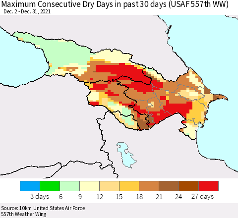 Azerbaijan, Armenia and Georgia Maximum Consecutive Dry Days in past 30 days (USAF 557th WW) 12/31/2021 Thematic Map For 12/26/2021 - 12/31/2021