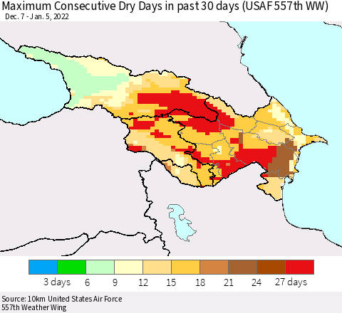 Azerbaijan, Armenia and Georgia Maximum Consecutive Dry Days in past 30 days (USAF 557th WW) 01/05/2022 Thematic Map For 1/1/2022 - 1/5/2022