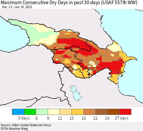 Azerbaijan, Armenia and Georgia Maximum Consecutive Dry Days in past 30 days (USAF 557th WW) 01/10/2022 Thematic Map For 1/6/2022 - 1/10/2022