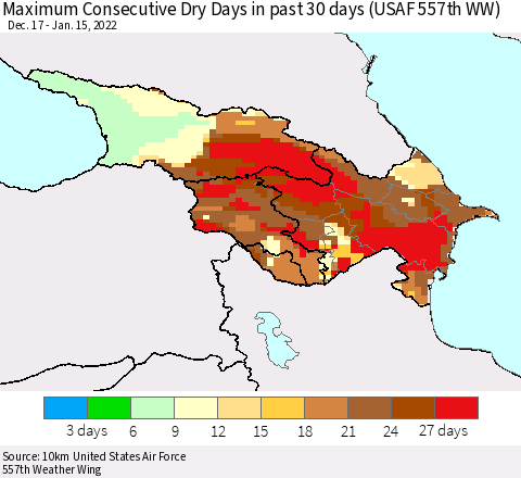 Azerbaijan, Armenia and Georgia Maximum Consecutive Dry Days in past 30 days (USAF 557th WW) 01/15/2022 Thematic Map For 1/11/2022 - 1/15/2022