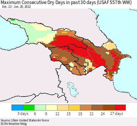 Azerbaijan, Armenia and Georgia Maximum Consecutive Dry Days in past 30 days (USAF 557th WW) 01/20/2022 Thematic Map For 1/16/2022 - 1/20/2022