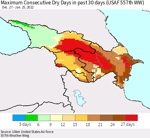 Azerbaijan, Armenia and Georgia Maximum Consecutive Dry Days in past 30 days (USAF 557th WW) 01/25/2022 Thematic Map For 1/21/2022 - 1/25/2022