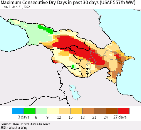 Azerbaijan, Armenia and Georgia Maximum Consecutive Dry Days in past 30 days (USAF 557th WW) 01/31/2022 Thematic Map For 1/26/2022 - 1/31/2022