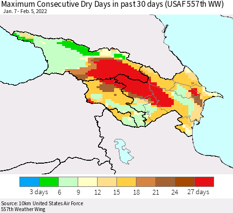 Azerbaijan, Armenia and Georgia Maximum Consecutive Dry Days in past 30 days (USAF 557th WW) 02/05/2022 Thematic Map For 2/1/2022 - 2/5/2022